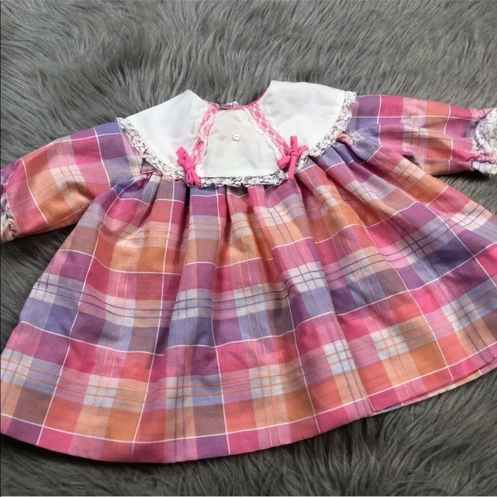 Vintage 60s Baby Girls Pink Orange Plaid Dress